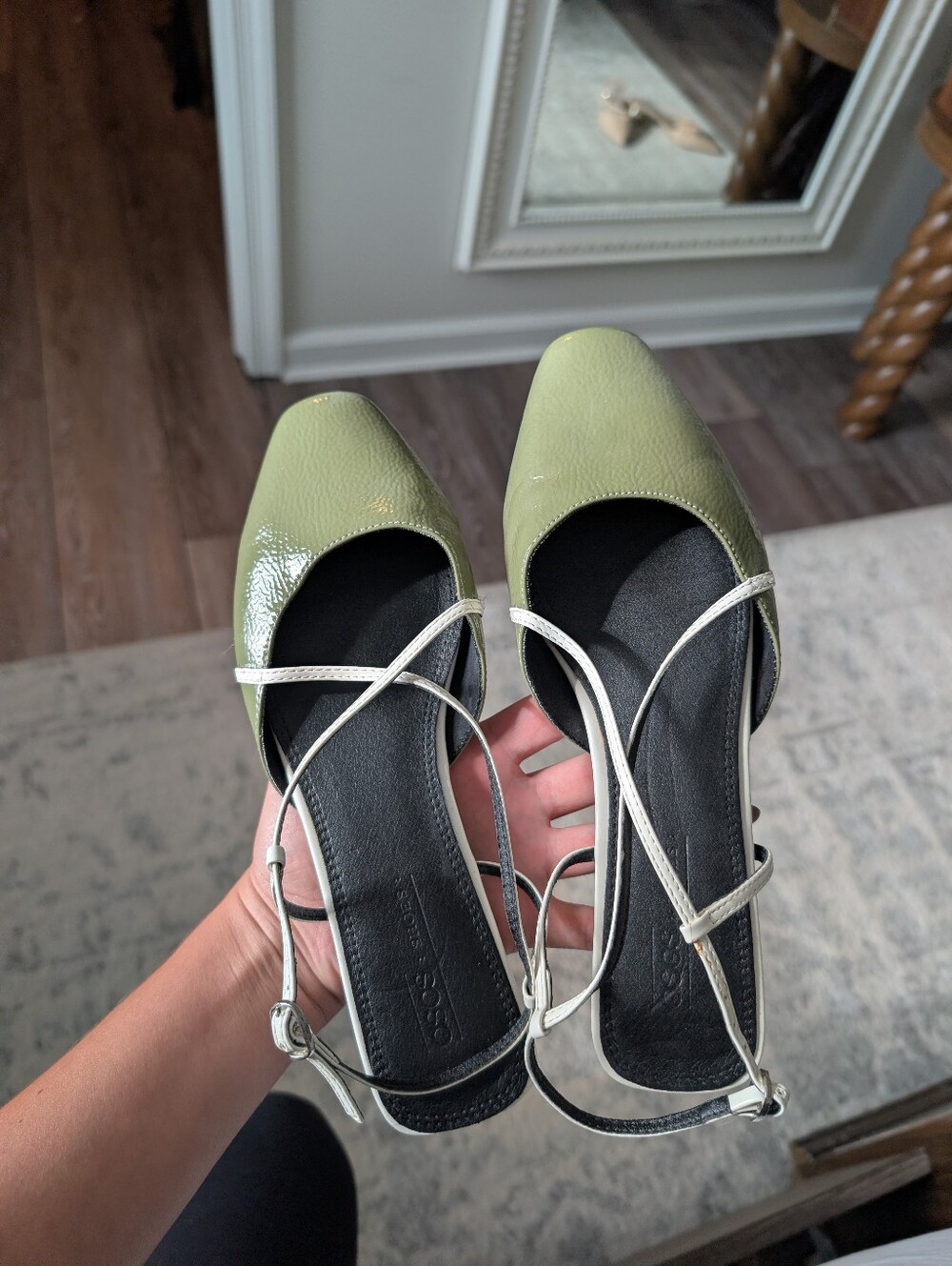 ASOS Women’s Olive Green Square-Toe Slingback Flats with White Straps Size 9